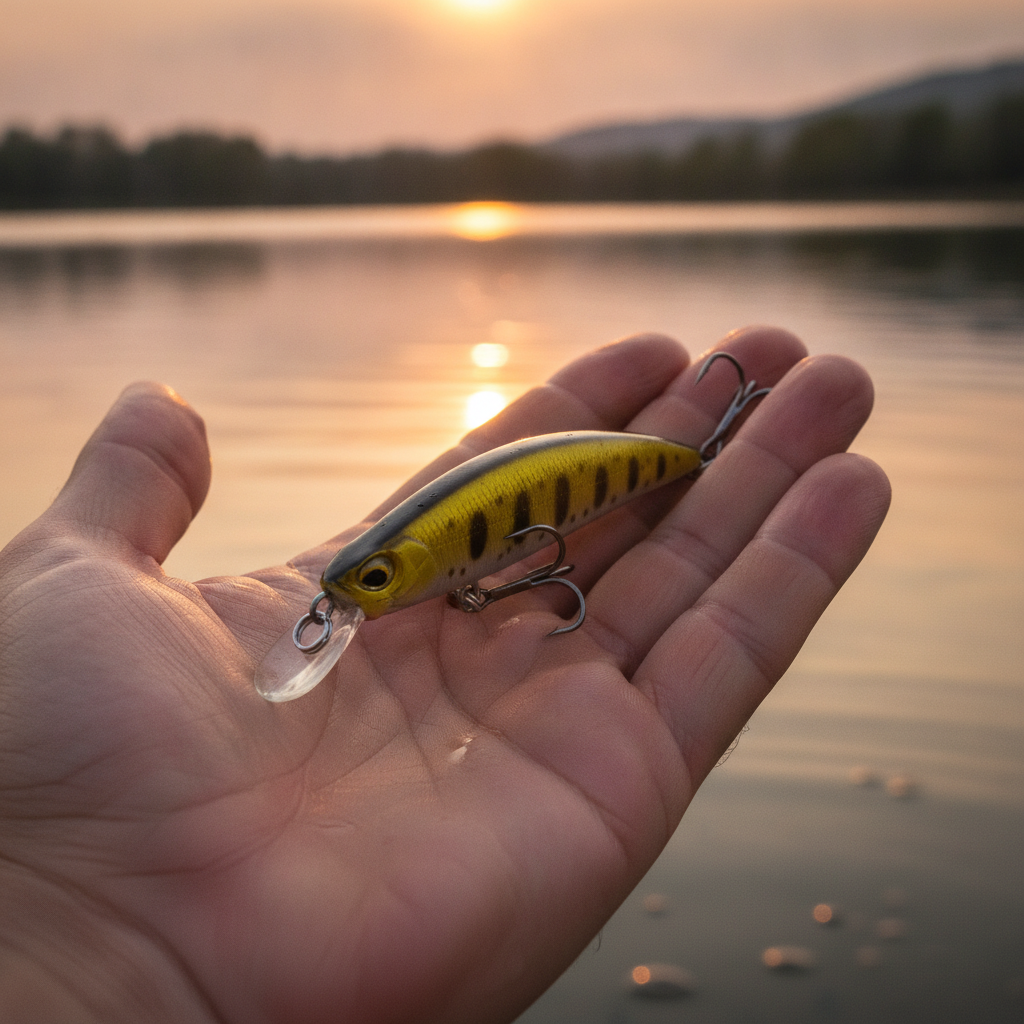 Poisson nageur coloris doré brun tenu dans une main ouverte au-dessus de l'eau, lumière de fin de journée.