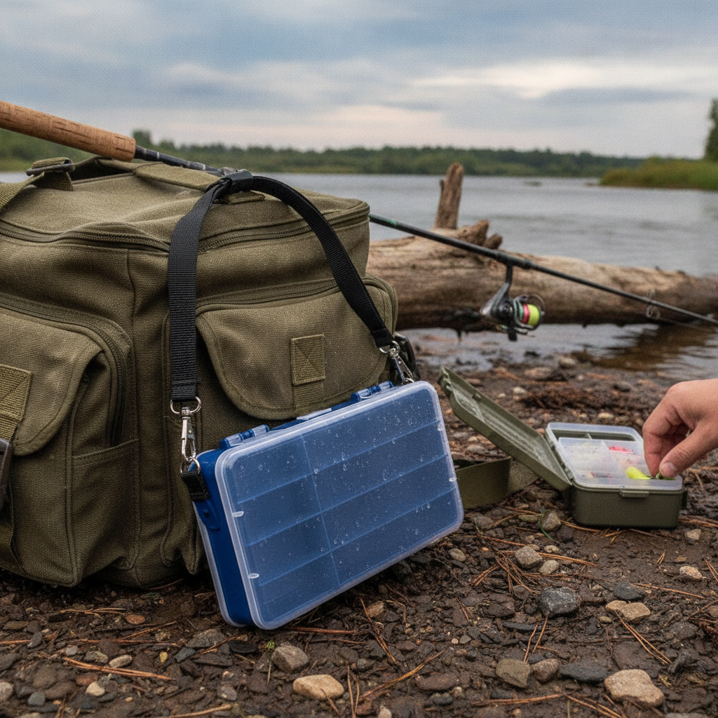 Boîte de rangement pêche bleu marine accrochée par sa dragonne à un sac de pêche, en extérieur