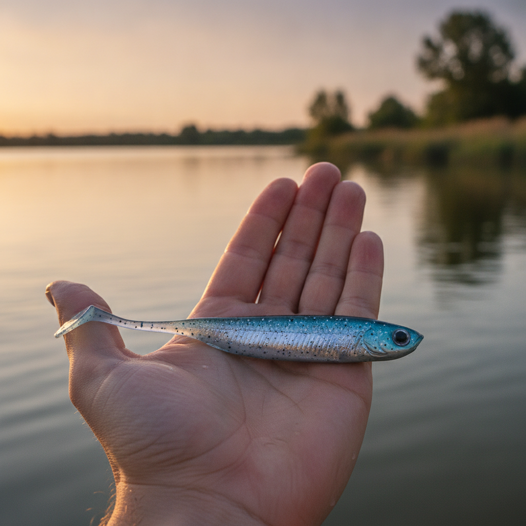 Leurre souple finesse coloris bleu-vert tenu dans une main ouverte au-dessus de l'eau, lumière de fin de journée.