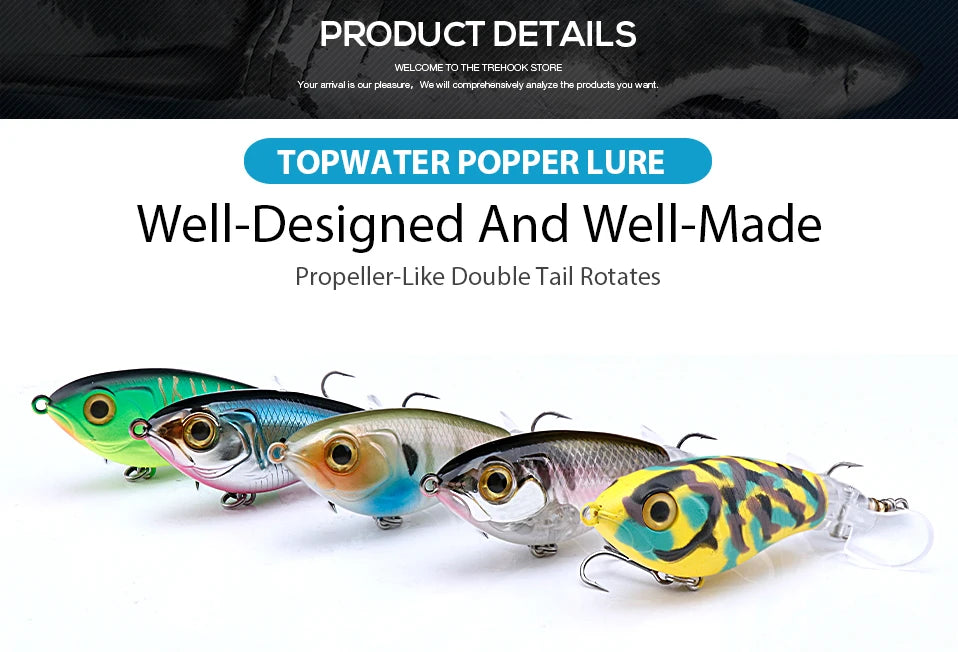 Deux whopper poppers alignés, coloris olive-orange-bleu et jaune camouflage, bannière listant les caractéristiques du modèle