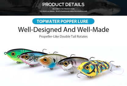 Deux whopper poppers alignés, coloris olive-orange-bleu et jaune camouflage, bannière listant les caractéristiques du modèle