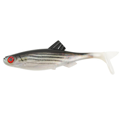 Leurre souple swimbait, coloris argenté rayé façon éperlan, dos noir