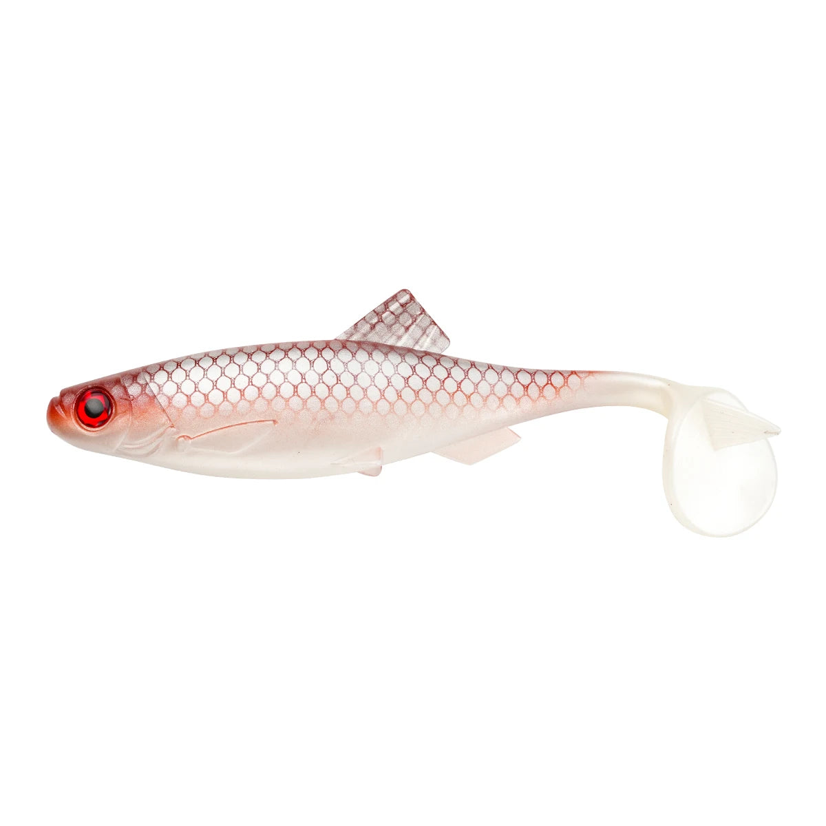 Leurre souple swimbait, coloris blanc nacré translucide