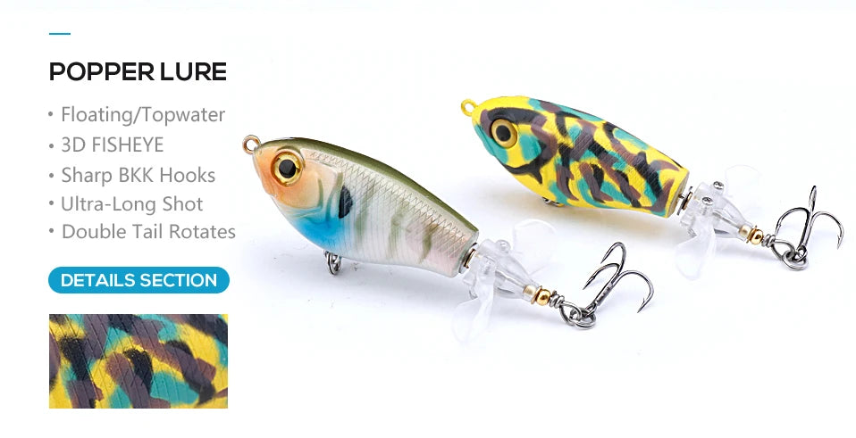 Deux poissons capturés avec des whopper poppers coloris bleu-vert et blanc-chartreuse, photos clients en extérieur