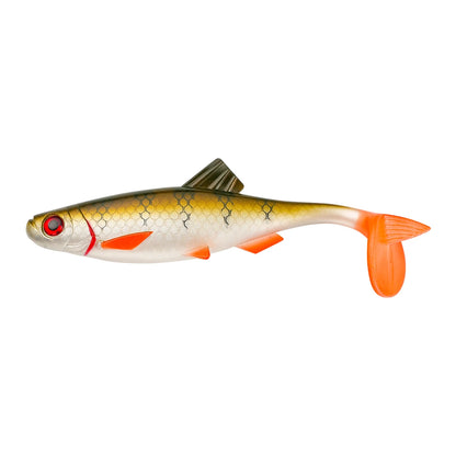 Leurre souple swimbait, coloris doré et blanc façon gardon, nageoires orange vif