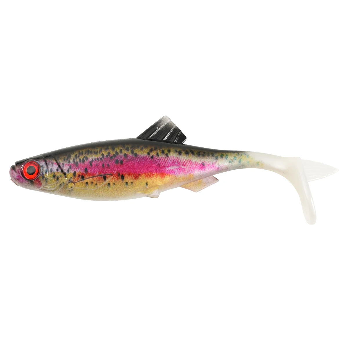 Leurre souple swimbait, coloris façon truite arc-en-ciel, dos tacheté et flancs roses