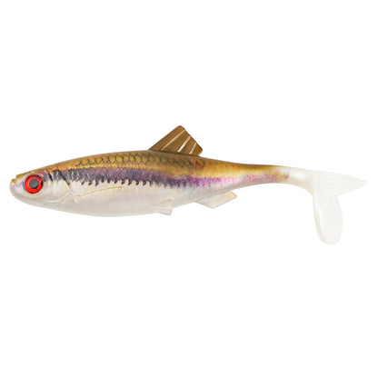 Leurre souple swimbait, coloris doré avec bande latérale violette et ventre blanc