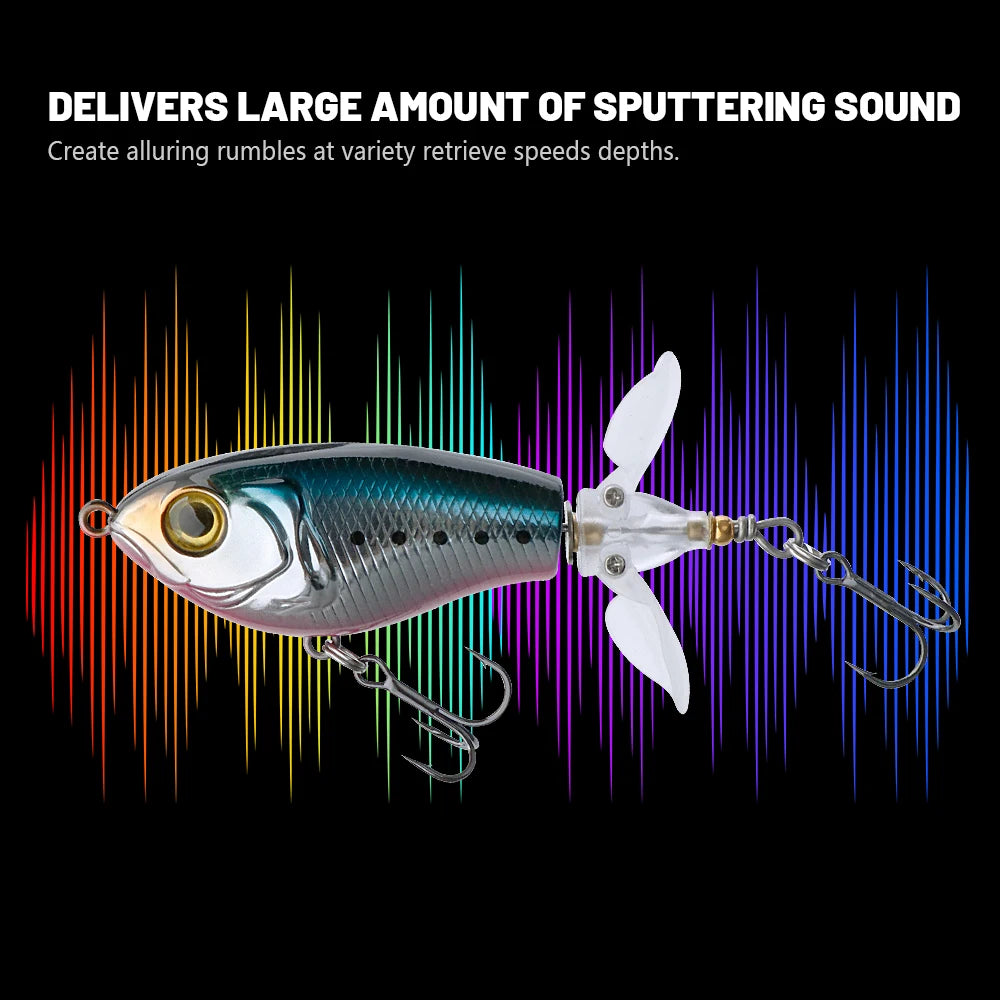 Whopper popper coloris noir-bleu chromé, bannière « bruit de cliquetis important » illustrée par une forme d'onde sonore