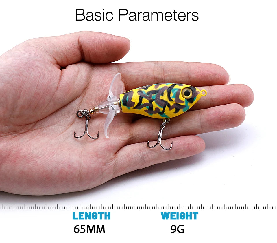 Bannière « Fishing Lure Configuration » présentant les caractéristiques du whopper popper coloris vert-noir tigré doré