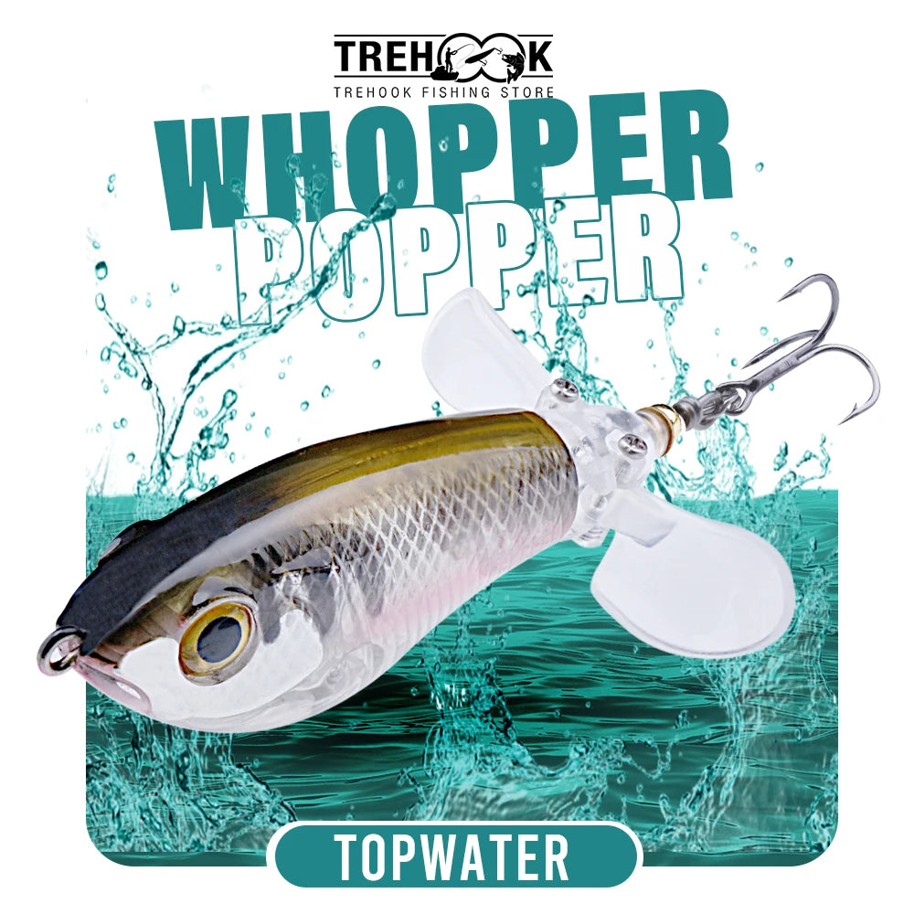 Whopper popper TREHOOK coloris doré-argenté rose, bannière de marque présentant le modèle à double hélice pour la pêche de surface