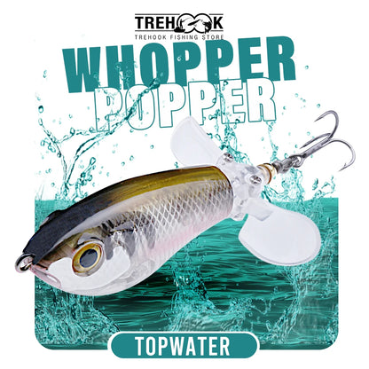 Whopper popper TREHOOK coloris doré-argenté rose, bannière de marque présentant le modèle à double hélice pour la pêche de surface