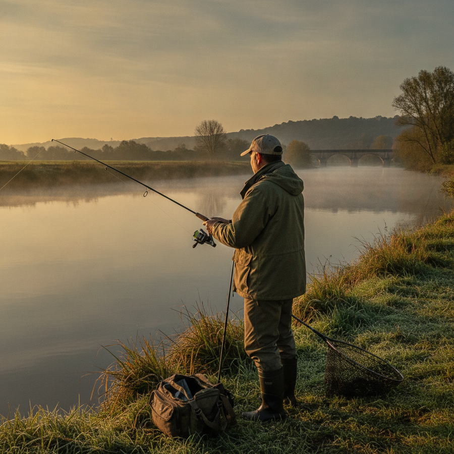 Pêcheur de dos au bord d'une rivière à l'aube, en train de récupérer sa ligne — portrait éditorial du fondateur LureLab