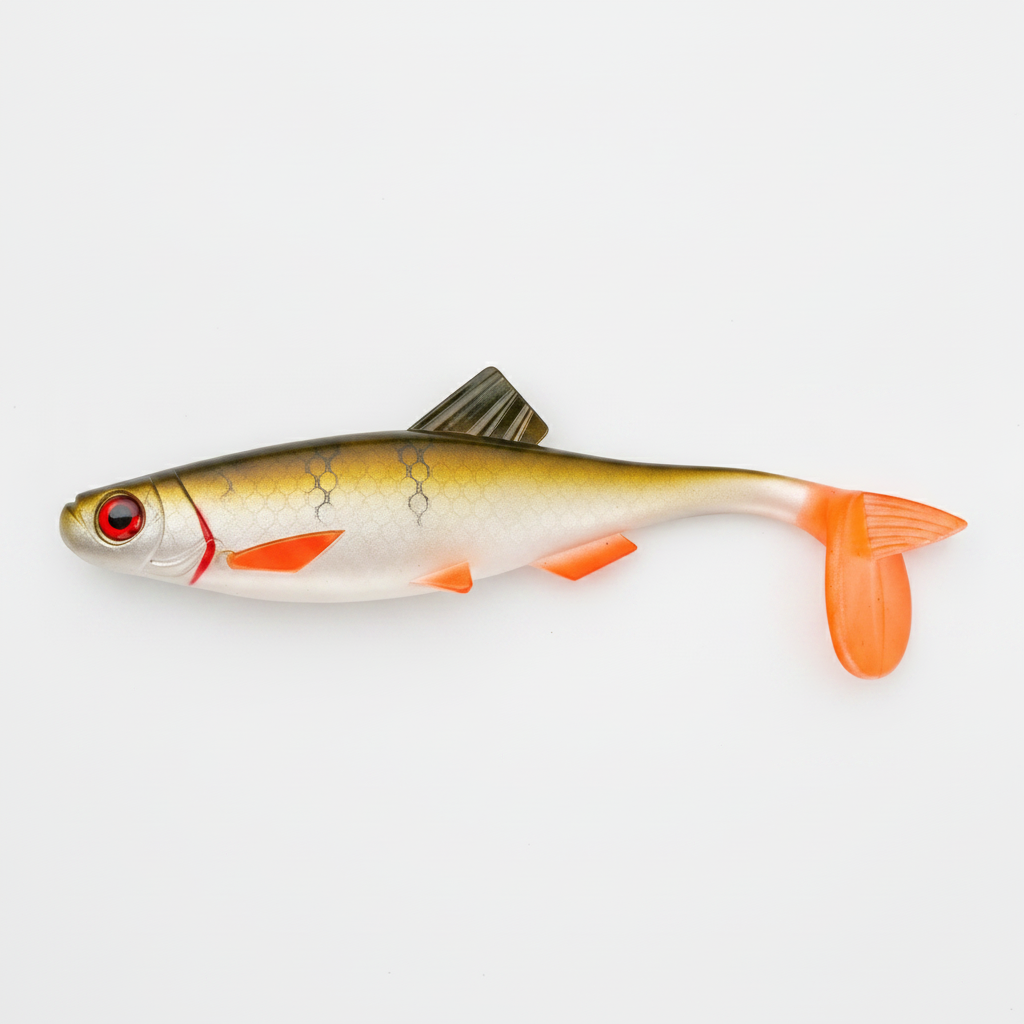 Leurre souple swimbait, coloris doré et blanc, gros plan studio sur fond neutre