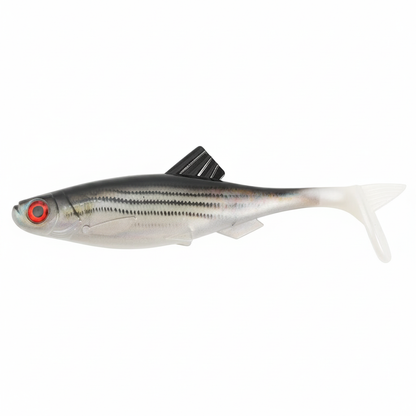 Leurre souple swimbait, coloris argenté rayé, gros plan studio sur fond neutre