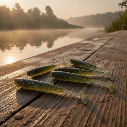 Plusieurs leurres souples à queue en T coloris vert olive posés sur une planche de bois humide au bord d'une rivière, lumière d'aube.