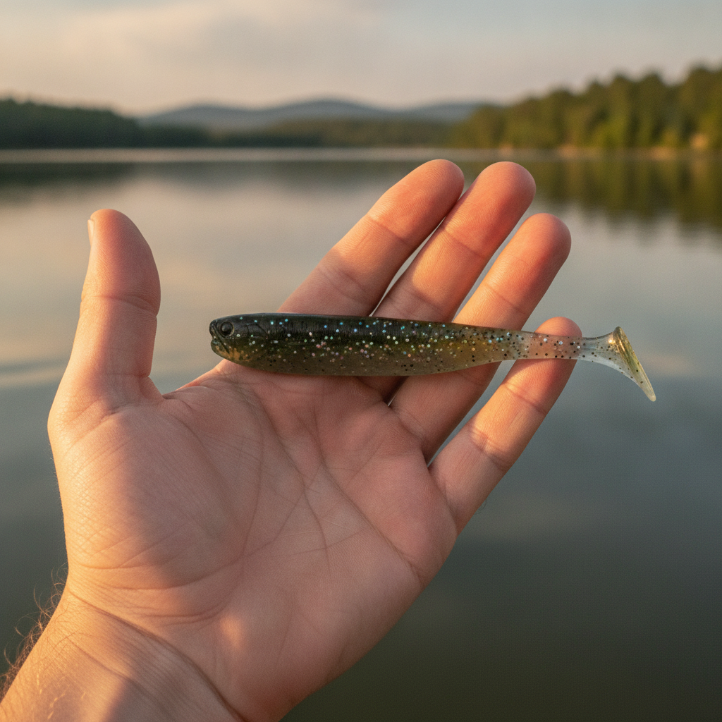Leurre souple à queue en T coloris vert olive tenu dans une main ouverte au-dessus de l'eau, lumière de fin de journée.