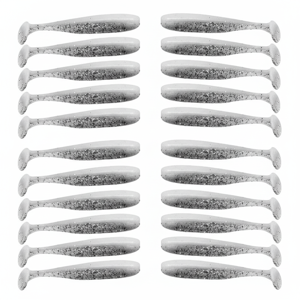 Leurre souple à queue en T coloris blanc nacré, packshot studio sur fond blanc, lot de 20.