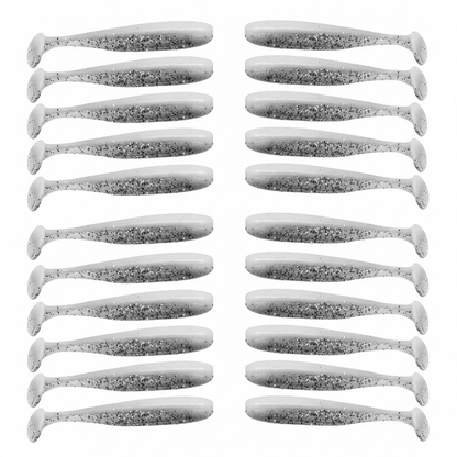 Leurre souple à queue en T coloris blanc nacré, packshot studio sur fond blanc, lot de 20.
