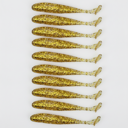Leurre souple à queue en T coloris or pailleté, packshot studio sur fond blanc, lot de 10.