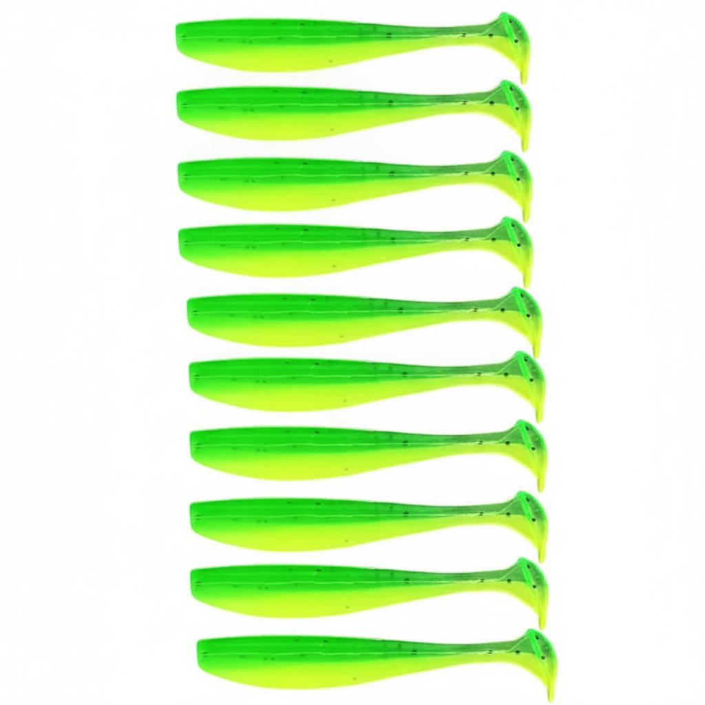 Leurre souple à queue en T coloris chartreuse, packshot studio sur fond blanc, lot de 10.