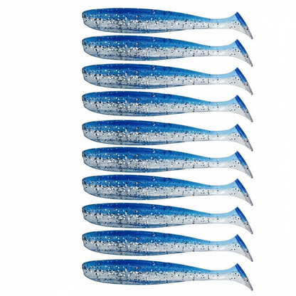 Leurre souple à queue en T coloris bleu-argent, packshot studio sur fond blanc, lot de 10.