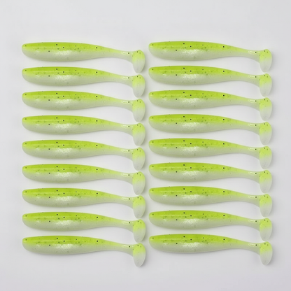 Leurre souple à queue en T coloris blanc-chartreuse, packshot studio sur fond blanc, lot de 20.