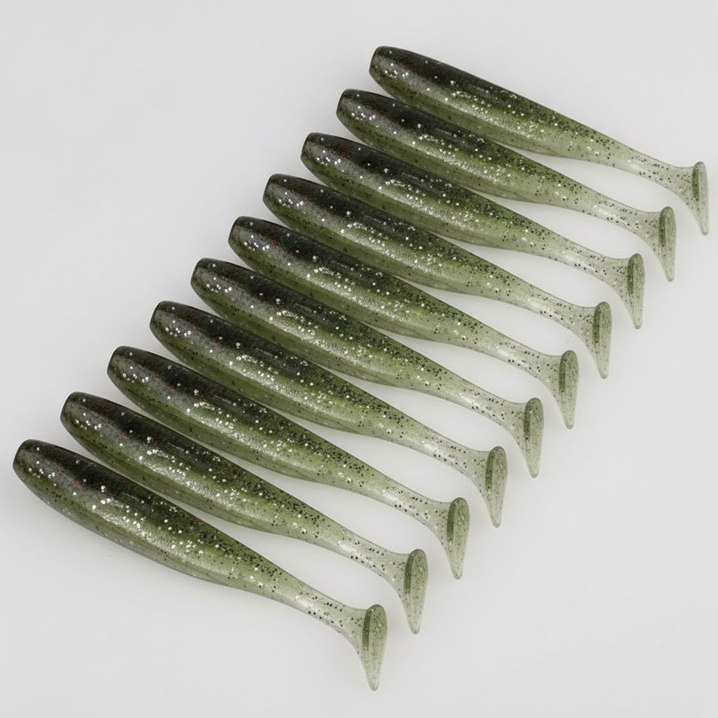 Leurre souple à queue en T coloris vert olive, packshot studio sur fond blanc, lot de 10.