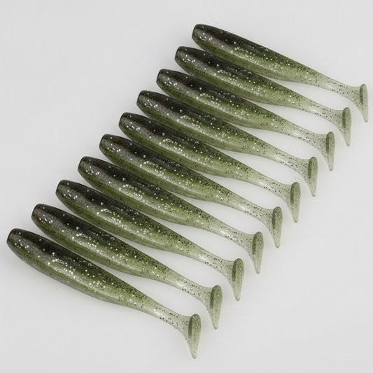 Leurre souple à queue en T coloris vert olive, packshot studio sur fond blanc, lot de 10.