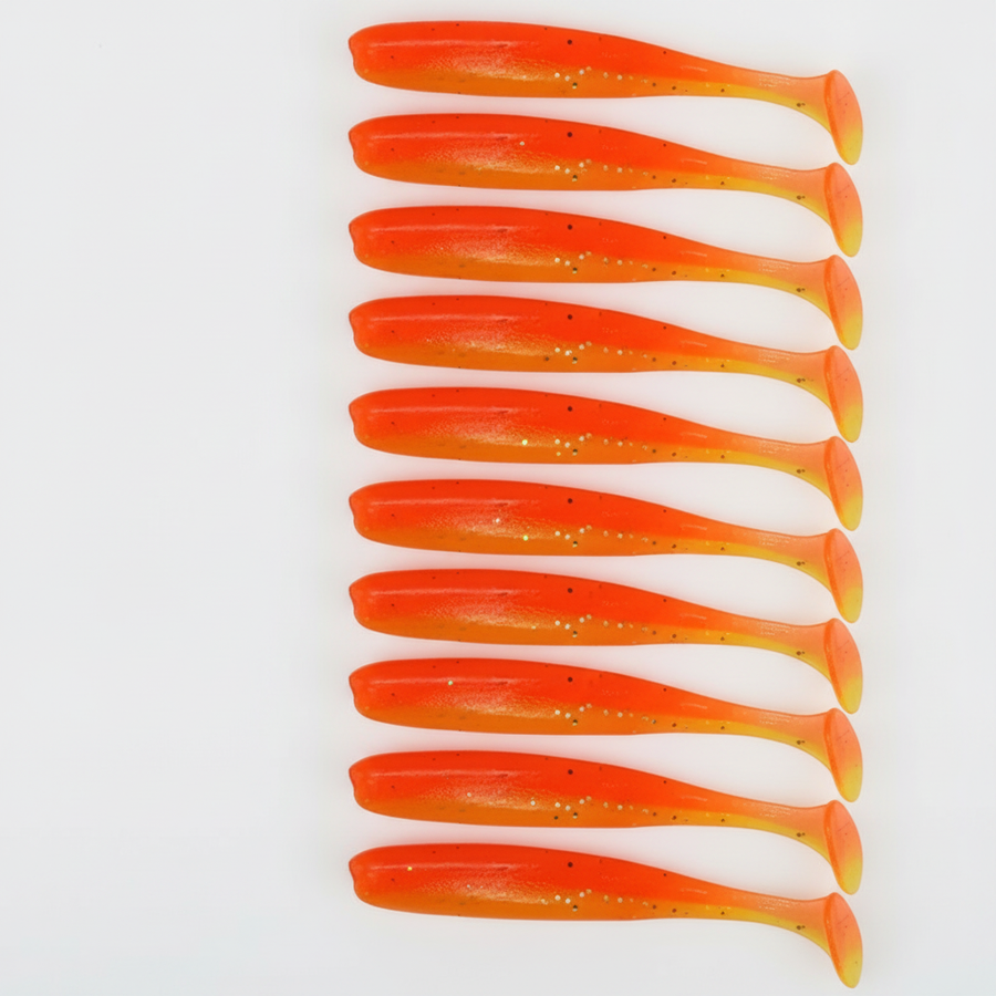Leurre souple à queue en T coloris orange-jaune, packshot studio sur fond blanc, lot de 10.