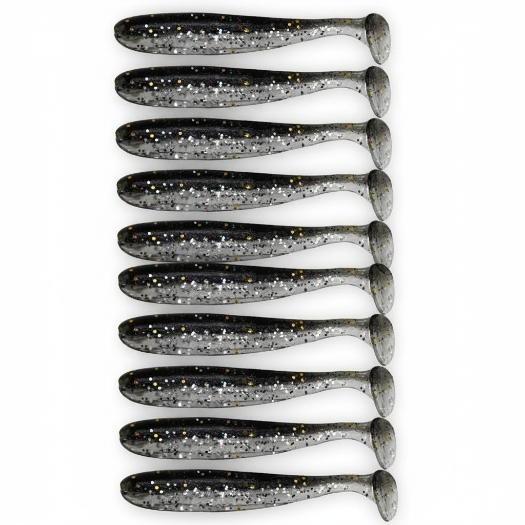 Leurre souple à queue en T coloris noir pailleté, packshot studio sur fond blanc, lot de 10.