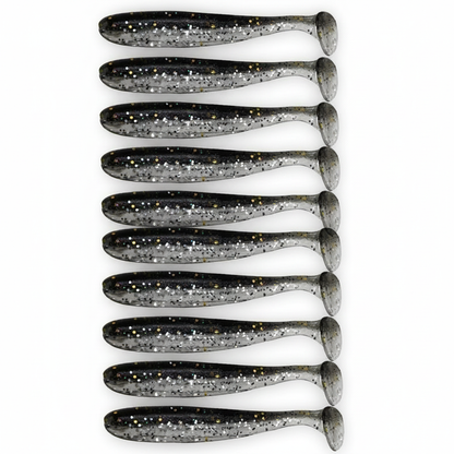 Leurre souple à queue en T coloris noir pailleté, packshot studio sur fond blanc, lot de 10.