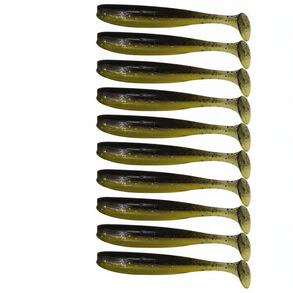 Leurre souple à queue en T coloris kaki foncé, packshot studio sur fond blanc, lot de 10.