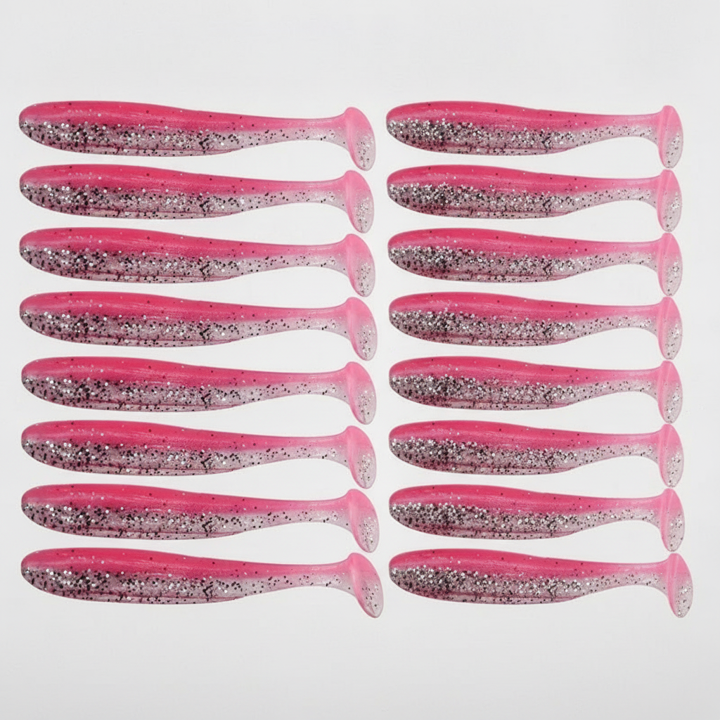 Leurre souple à queue en T coloris rose-gris, packshot studio sur fond blanc, lot de 14.