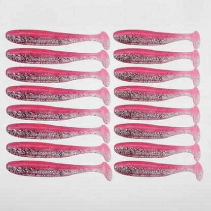 Leurre souple à queue en T coloris rose-gris, packshot studio sur fond blanc, lot de 14.