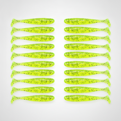 Leurre souple à queue en T coloris vert fluo pailleté, packshot studio sur fond blanc, lot de 20.