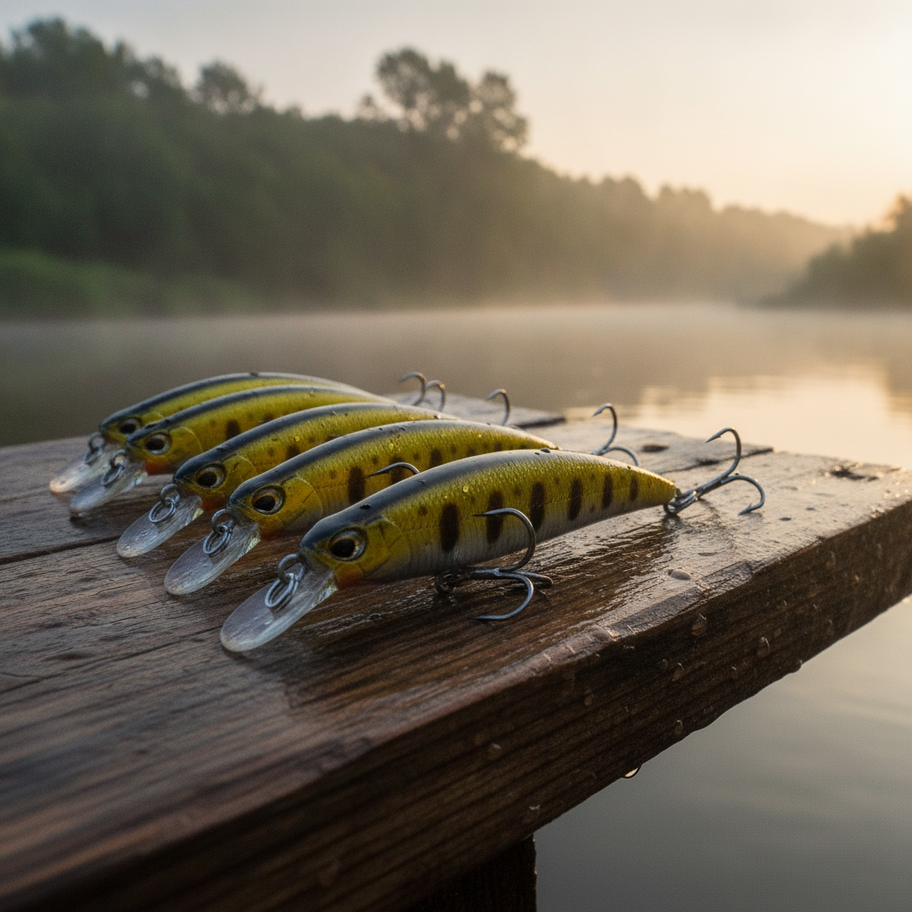 Plusieurs poissons nageurs coloris doré brun posés sur une planche de bois humide au bord d'une rivière, lumière d'aube.