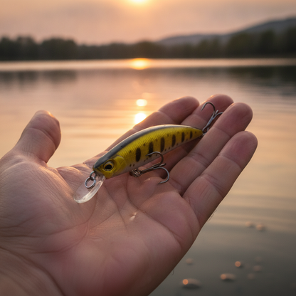 Poisson nageur coloris doré brun tenu dans une main ouverte au-dessus de l'eau, lumière de fin de journée.