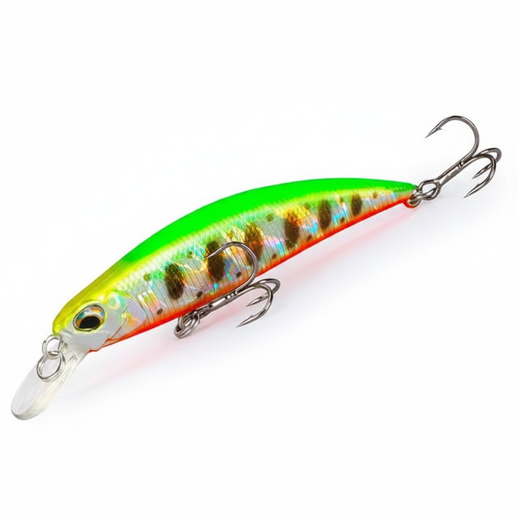 Poisson nageur coloris vert fluo holographique, packshot studio sur fond blanc.