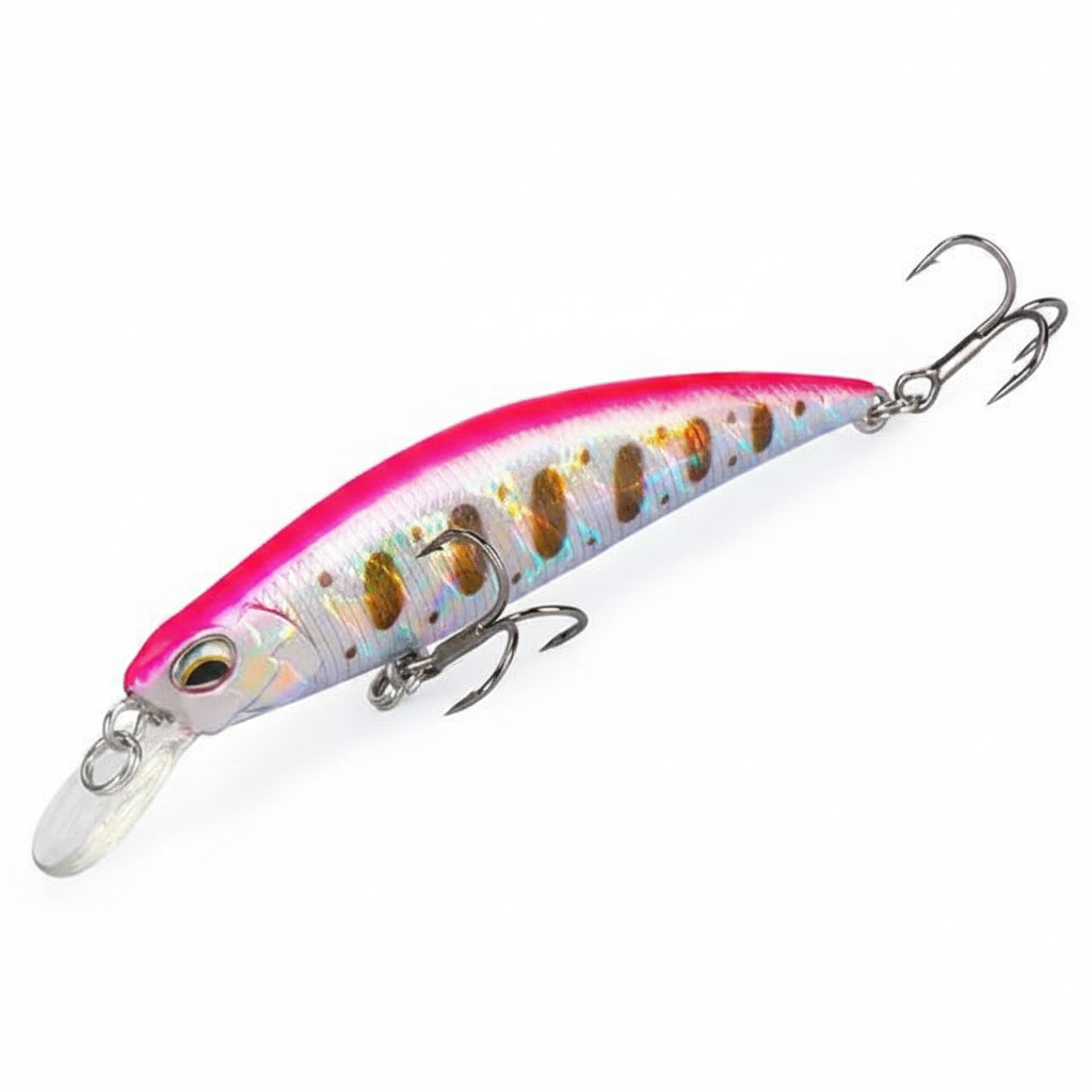 Poisson nageur coloris rose vif holographique, packshot studio sur fond blanc.