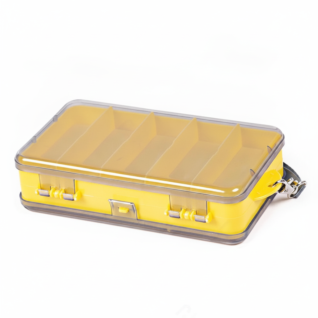 Boîte de rangement pêche double face, coloris jaune, fermée, vue studio