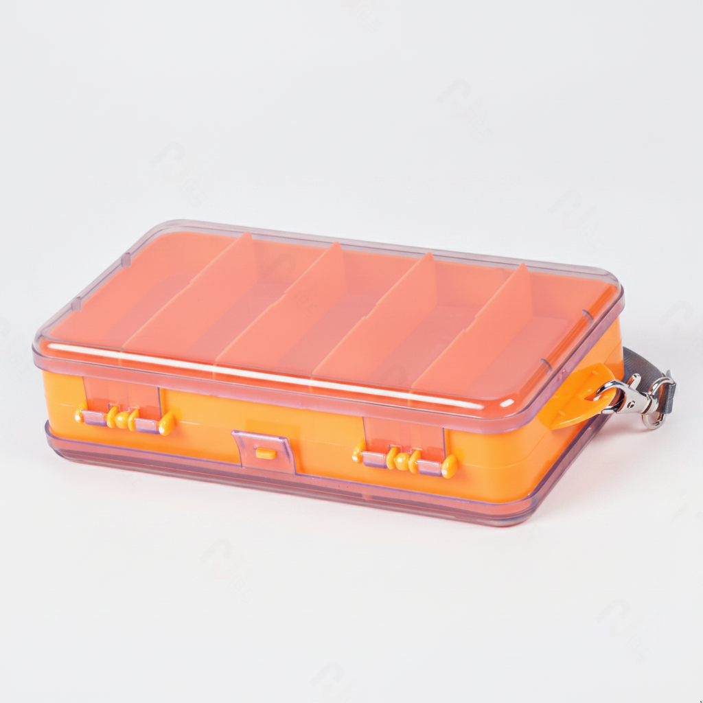 Boîte de rangement pêche double face, coloris orange, fermée, vue studio