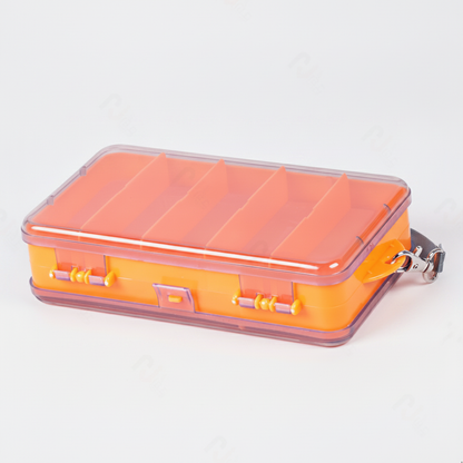 Boîte de rangement pêche double face, coloris orange, fermée, vue studio