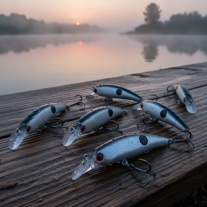 Plusieurs mini poissons nageurs argentés posés sur un ponton en bois à l'aube, gouttes d'eau visibles