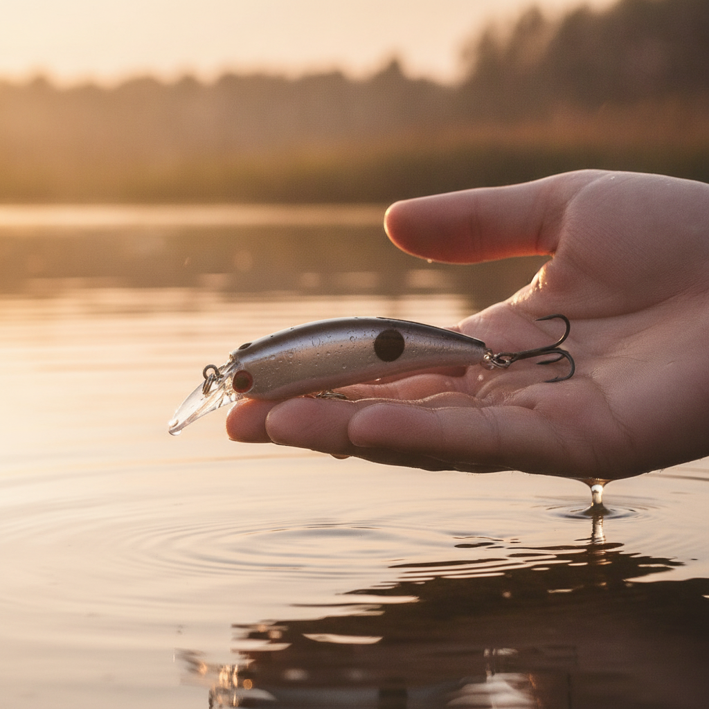 Mini poisson nageur argenté tenu dans une main au-dessus de l'eau, lumière de fin de journée