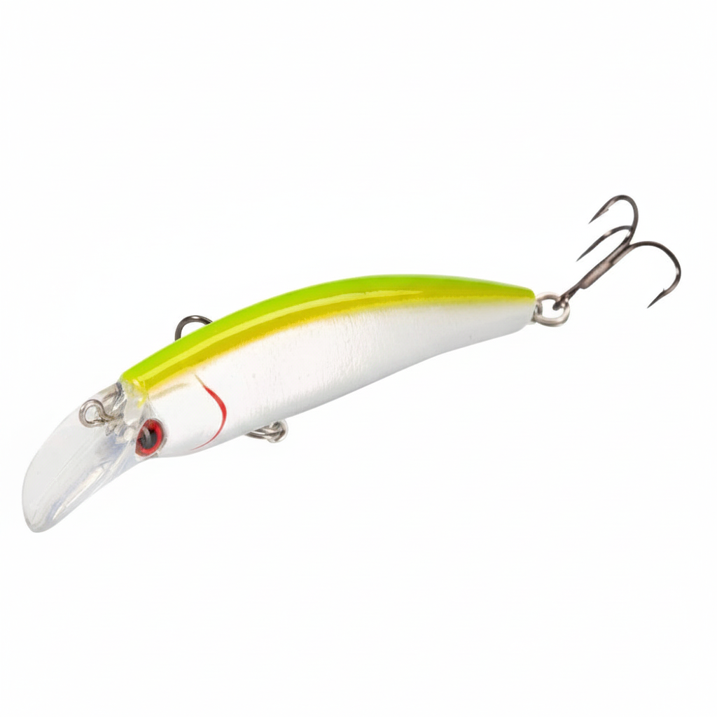 Mini poisson nageur coulant lent, coloris blanc dos chartreuse ventre rouge, vue studio