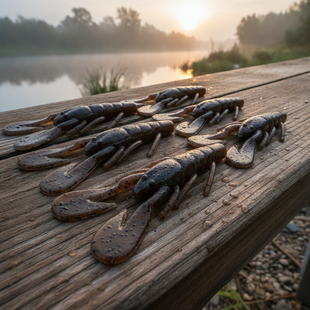 Plusieurs leurres souples écrevisse coloris marron posés sur une planche de bois humide au bord d'une rivière, lumière d'aube.