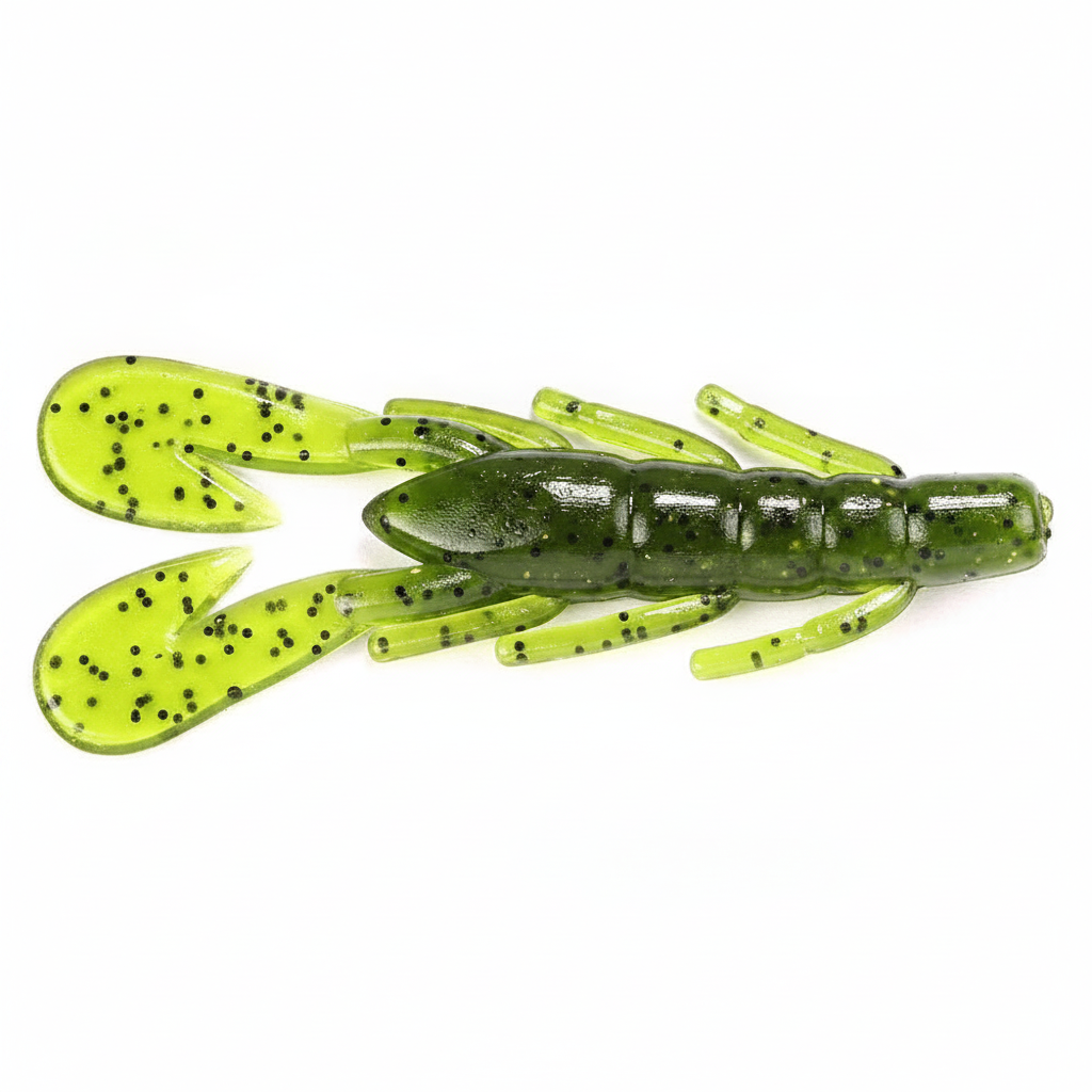 Leurre souple écrevisse coloris vert chartreuse, packshot studio sur fond blanc.