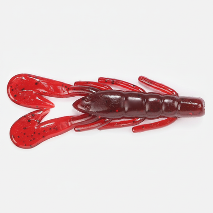 Leurre souple écrevisse coloris rouge, packshot studio sur fond blanc.