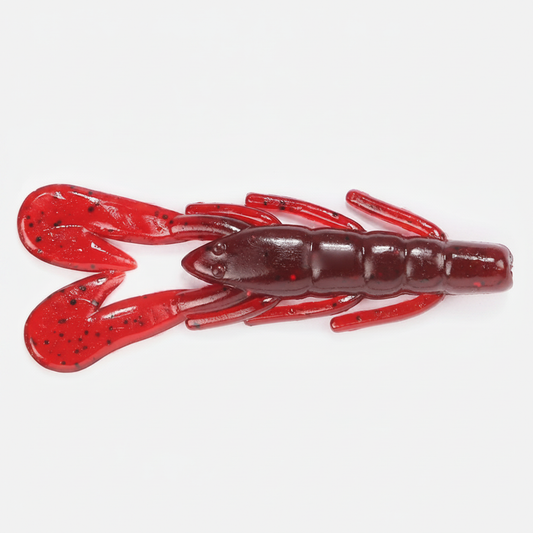 Leurre souple écrevisse coloris rouge, packshot studio sur fond blanc.