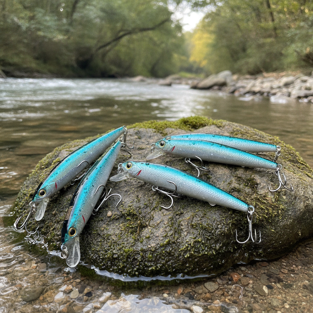 Plusieurs poissons nageurs coloris bleu-vert métallisé posés sur un rocher moussu au bord d'une rivière